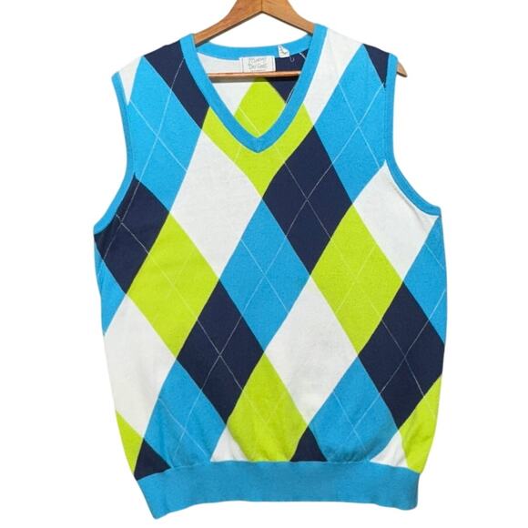 McIlhenny Dry Goods Blue Green Argyle Academia V Neck Sweater Vest Large - Picture 1 of 6